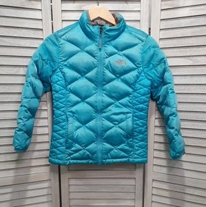 Girl's The North Face 550 Teal Blue Gray Quilted Down Puffer Zip Up Jacket